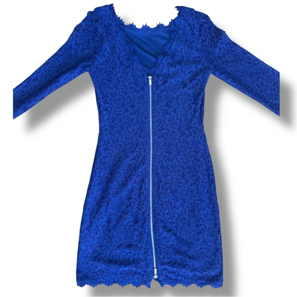 Diane Von Furstenberg Zarita Blue Lace 3/4 Sleeve Back Zip Sheath Size 4 - Picture 11 of 13